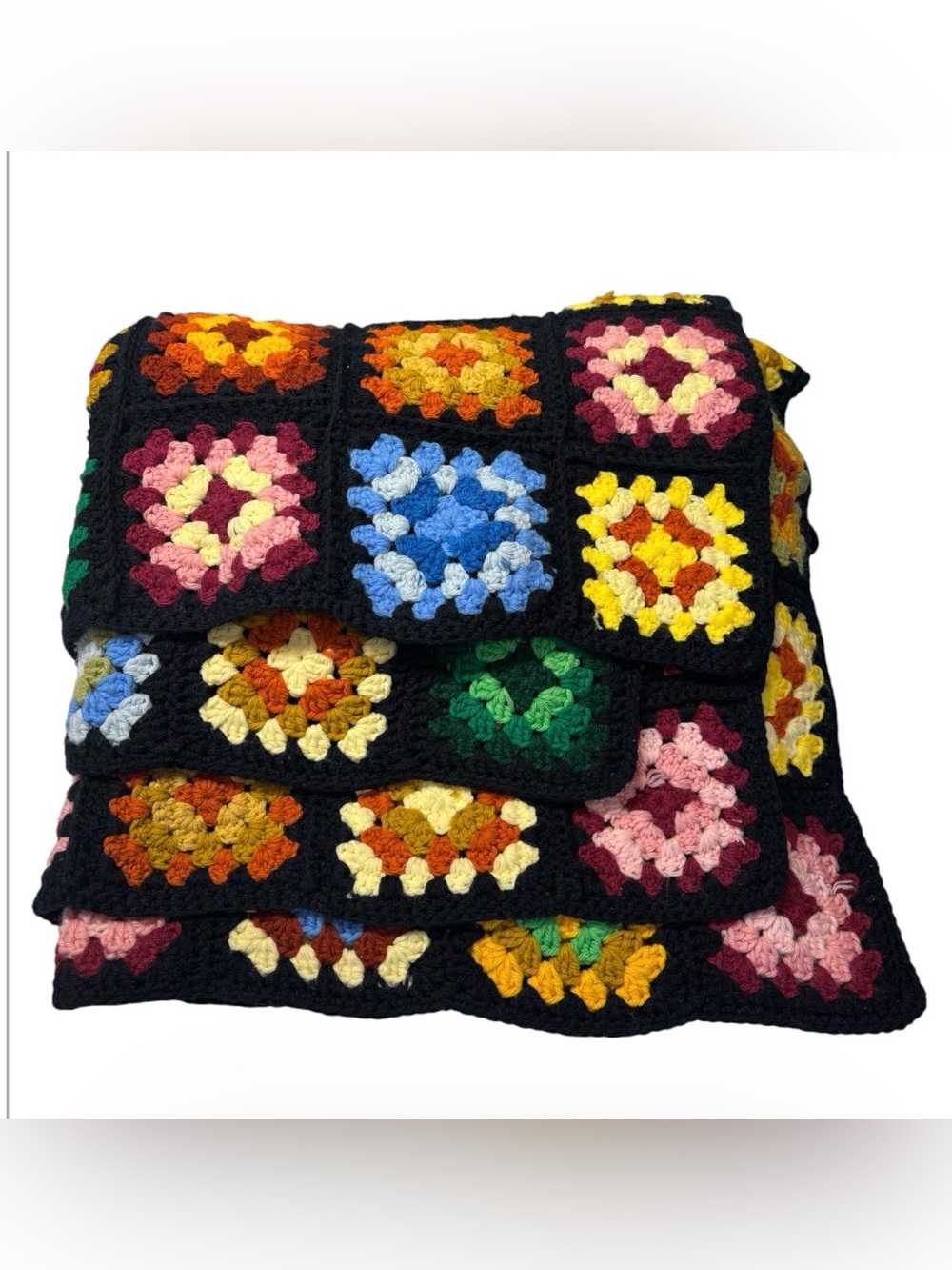 Hand Crafted Multicolor Crochet Granny Square Throw Blanket with Black Grid
